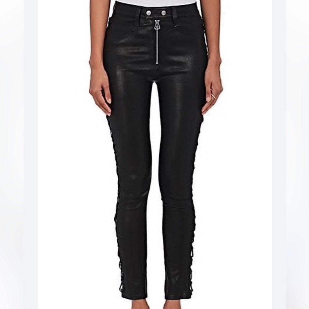 Rag & Bone Kiku high rise‎ Lamb Leather Black Lace-Up Skinny Pants size 25 - Picture 2 of 12